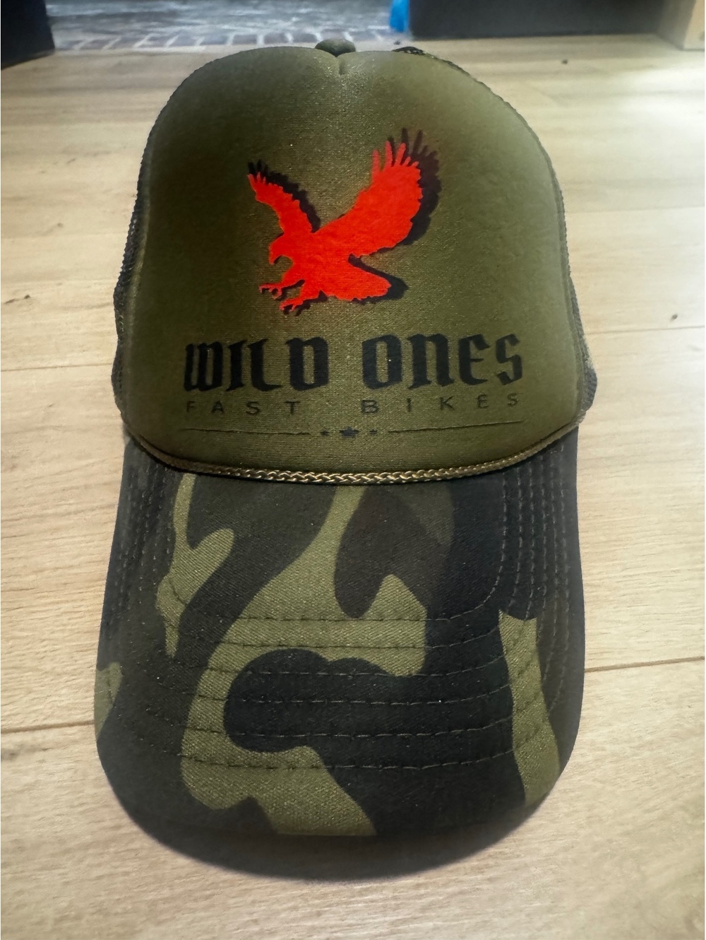Wild Ones Fast Bikes Olive Green and Camouflage Mesh Snapback Cap with Red Eagle